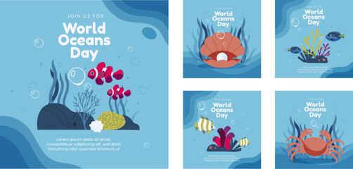 Hand drawn world oceans day instagram posts collection