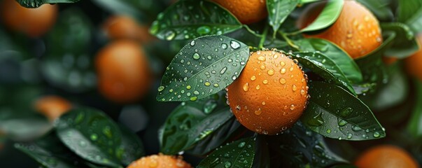 Fresh oranges with water droplets on tree branches in a lush green orchard