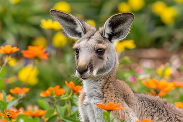Fototapeta premium Close-up of a young kangaroo in a vibrant garden filled with bright orange and yellow flowers.