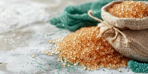 Isolated caramelized sugar sack on white background with green sand. Concept Food Styling, Sweet Treats, Colorful Still Life, Food Photography