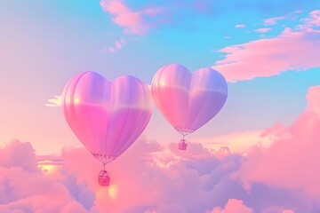 Fototapeta premium Two heart-shaped hot air balloons floating in a dreamy, pastel-colored sky at sunset.