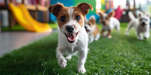 Dogs enjoying playtime at day care. Concept Dog Portraits, Happy Pups, Playful Activities, Doggy Daycare, Furry Friends