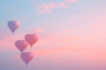 Obraz premium Heart-shaped hot air balloons float gently against a pink and purple pastel sunset sky.