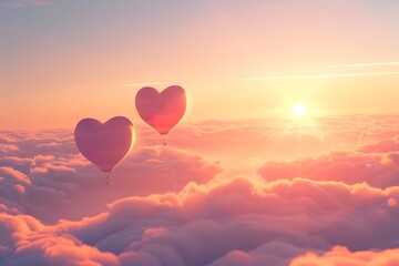 Fototapeta premium Heart-shaped hot air balloons floating above clouds at sunrise, symbolizing love and adventure