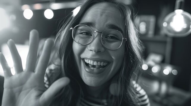 A woman with glasses holding up her hand to make a peace sign, simple and clear gesture of non-aggression
