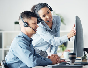 Helping, call center and people with smile, computer and woman with info for man, online and...