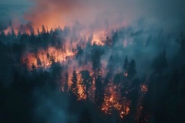 Obraz premium Aerial view of massive forest fire with bright flames and thick smoke rising into the sky.