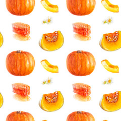 Autumn pattern with pumpkins, honeycombs, and flowers great for Thanksgiving or seasonal decor