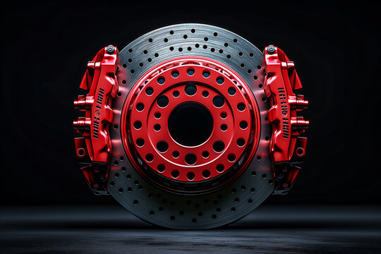 Brake discs and red calipers of a racing car on a black background