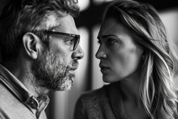 A man and a woman standing facing each other, engaged in a moment of quiet contemplation