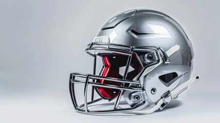 Naklejka premium A silver football helmet with a red visor. Generate AI image
