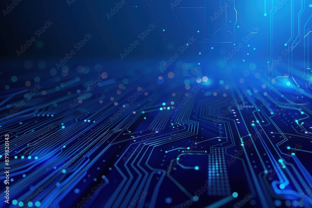 Wall mural abstract digital circuit board on blue tech background. circuit connected lines and dots on motherbo