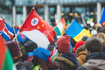 Crowd of people holding flags.