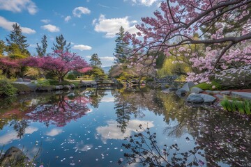 Serene Japanese garden with cherry blossoms reflecting in a peaceful pond under a clear blue sky