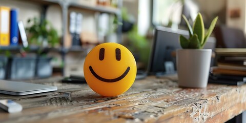 Promote Positivity with a Yellow Smiley Face Stress Ball for Your Office Desk. Concept Office Supplies, Stress Relief, Promoting Positivity, Smiley Face, Yellow Stress Ball,