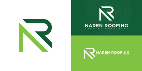 Abstract initial square letter NR or Rn logo in green color isolated on multiple background colors. The logo is suitable for roofing company logo vector design illustration inspiration templates.