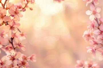 Fototapeta premium Sakura blossom border: delicate pink cherry blossoms create a stunning edge on a spring backdrop. Floral frame