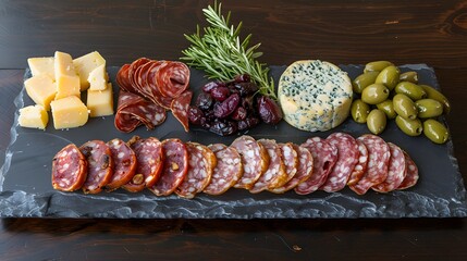 Gourmet Meat and Cheese Board with Olives and Rosemary