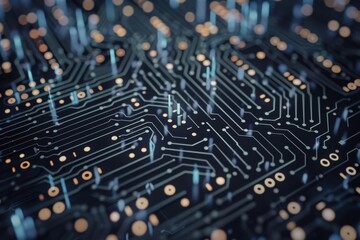 Digital data security breach with binary code overlay on circuit board design on dark background