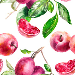 Seamless Watercolor Pattern of Plums with Leaves - Vibrant and Natural Design