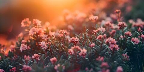 Rhodiola Rosea Plants Blooming in the Siberian Mountains at Sunset. Concept Siberian Mountains, Rhodiola Rosea Plants, Sunset, Blooming, Nature Beauty