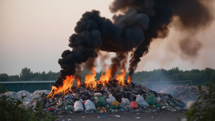 Smoke From Garbage Burning in Landfill Causing Air Pollution