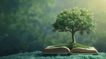 open book and growing tree on green background
