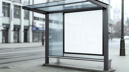 Fototapeta premium Contemporary bus shelter made of glass and aluminum at a city bus stop, empty billboard ad, realistic and high-resolution image, focus cover all object