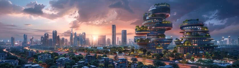 Fototapeta premium A futuristic cityscape featuring skyscrapers and unique circular buildings adorned with greenery. 