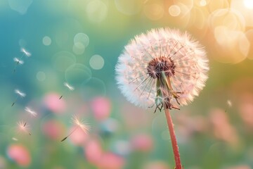 Dandelion on blurred soft fresh background under sunlight