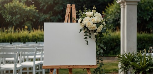 blank white mockup of a white canvas on an easel as a welcome sign at a wedding with many plants flowers view 