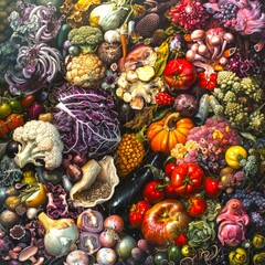 Variety of Vibrant Vegetables and Fruits in Artistic Style. An assortment of colorful and fresh produce arranged beautifully. Perfect for healthy eating themes and culinary art. AI