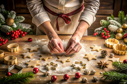 A woman is making cookies on a table with a Christmas tree decoration. The cookies are star-shaped and are being decorated with powdered sugar