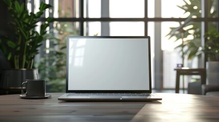 Fototapeta premium laptop on table with glass window background