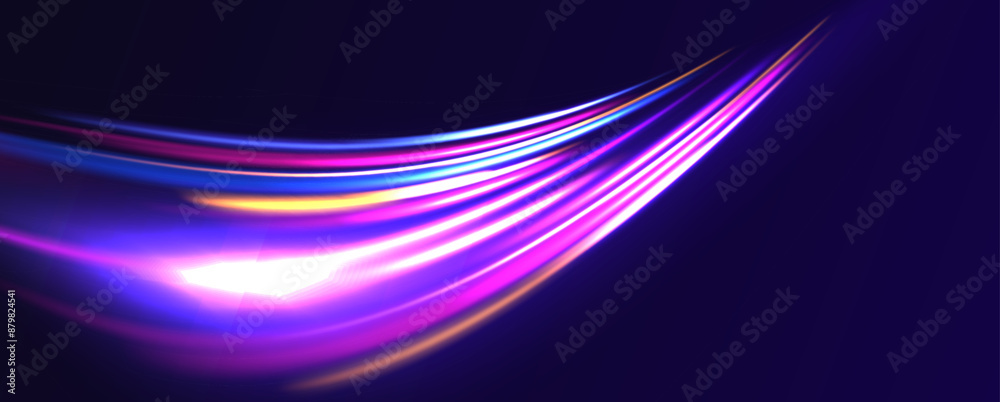 Poster cyberpunk light trails in motion or light slow shutter effect. acceleration speed motion on night ro