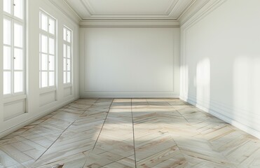 Obraz premium Bright empty room with large windows and wooden floor in a modern minimalist interior