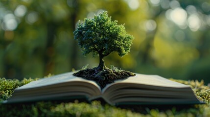 open book and growing tree on green background