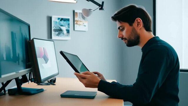 Skilled graphic designer working on a creative project in a studio