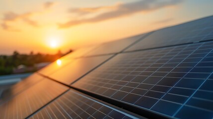 Close-up of solar panels with a vibrant sunset in the background, showcasing renewable energy and sustainability.