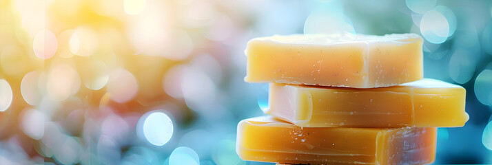 Stack of bars of soap, natural handmade soap close-up with bokeh background, banner for use on soap manufacturers website
