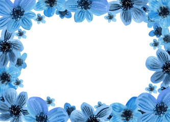 Blooming blue flowers frame. Watercolour flower decor hand drawn illustration. Painted botanical floral seasonal elements. Isolated background. for Greeting cards, invitation. Design, foliage print