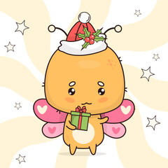 Cute Christmas butterfly in Santa hat with gift. Funny cartoon insect kawaii character. Vector illustration. Cool Festive card. Kids collection