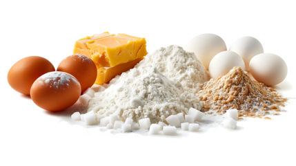  PNG of common baking ingredients such as flour, eggs, and sugar, isolated on a white background
