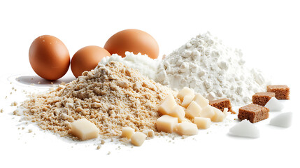  PNG of common baking ingredients such as flour, eggs, and sugar, isolated on a white background