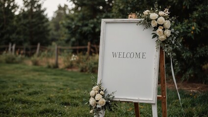 blank white welcome sign on an easel for a modern boho wedding - mockup template