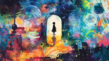 The silhouette of a child looks through a keyhole into a lively world filled with scientific instruments, books, and nature scenes.