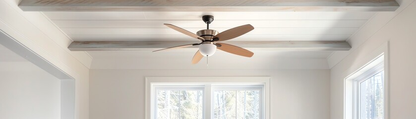 Modern ceiling fan with wooden blades in a bright, minimalist room with white walls and large windows for natural light.