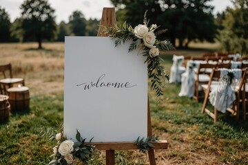 Blank white welcome sign on an easel for a modern boho wedding
