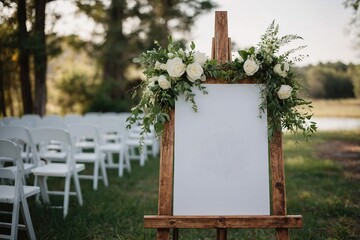 Blank white welcome sign on an easel for a modern boho wedding