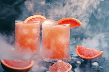 Visualize a nostalgic bar environment with a smoky feel, featuring cocktail glasses decorated with grapefruit and ice, embodying a timeless style and a relaxed, rejuvenating atmosphere
